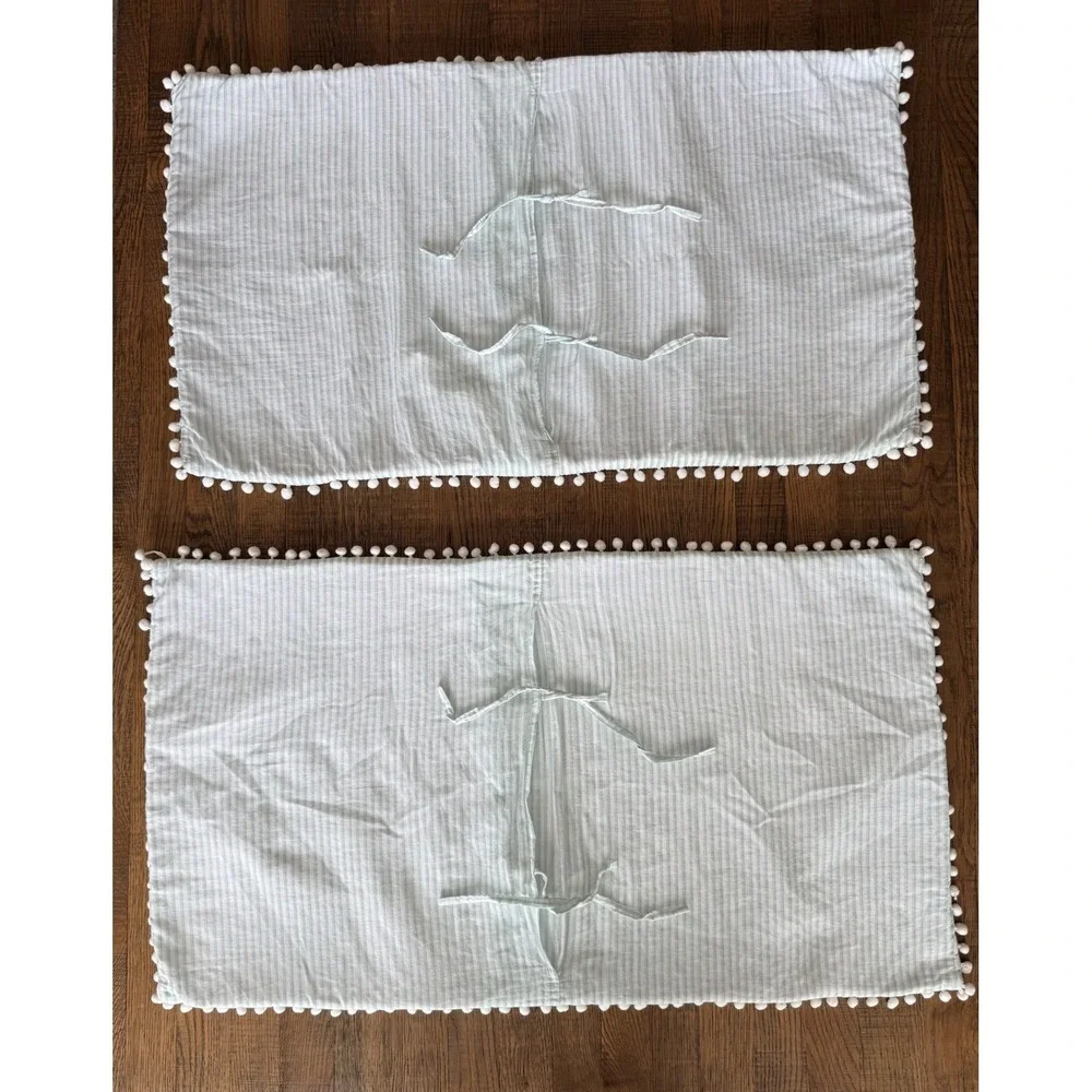 Boho Quilted King Bedding Set White Sage Green Pom Pom Trim Quilt 2 Shams